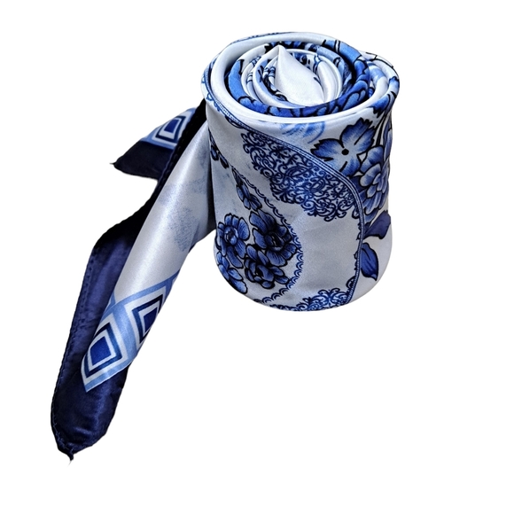 💖 2/$30 Satin Floral Nautical White Blue neck hair head bandana square scarf - Picture 12 of 13